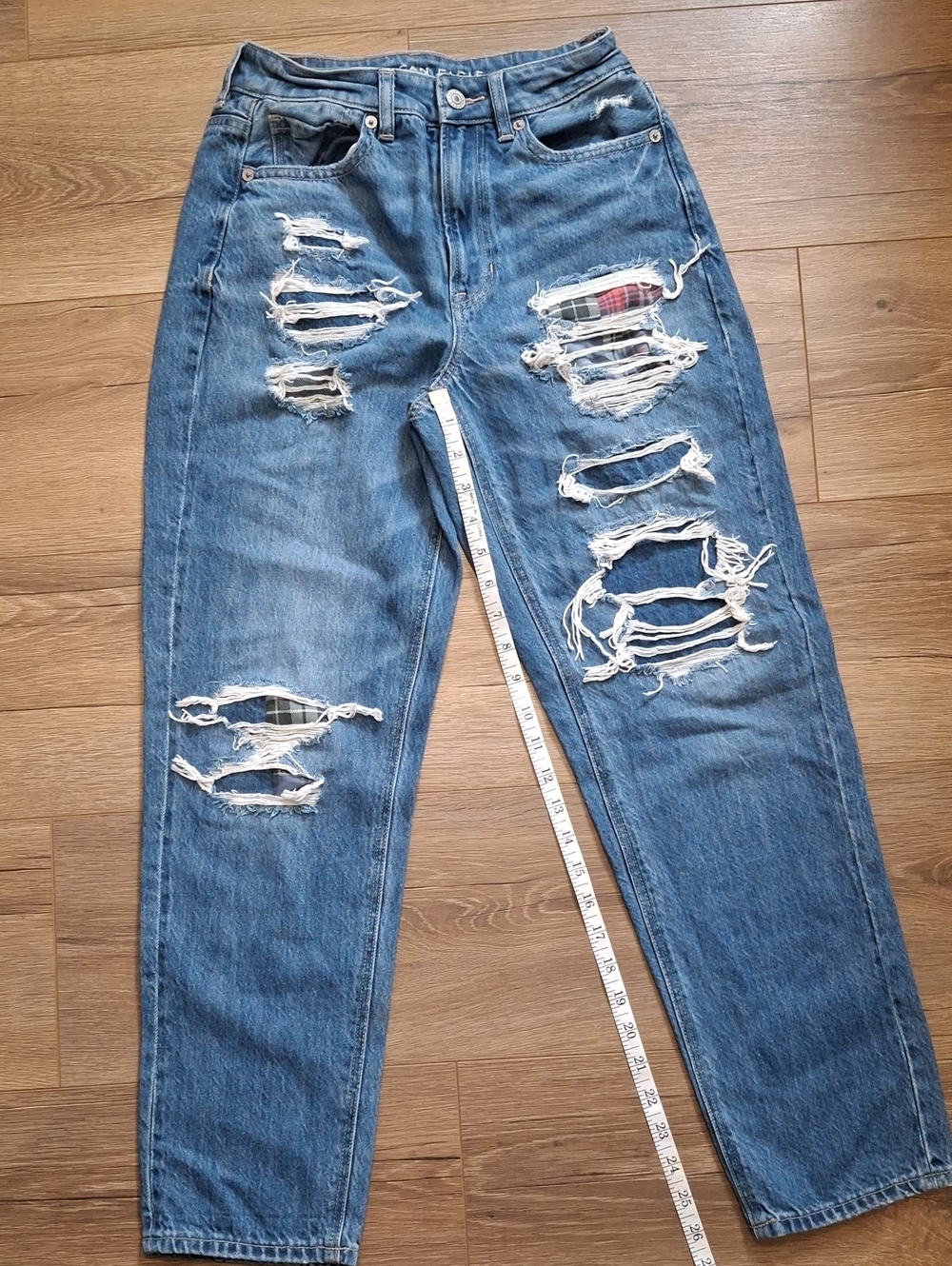American Eagle Outfitters Distressed Blue Boyfriend Jeans with Plaid Patch